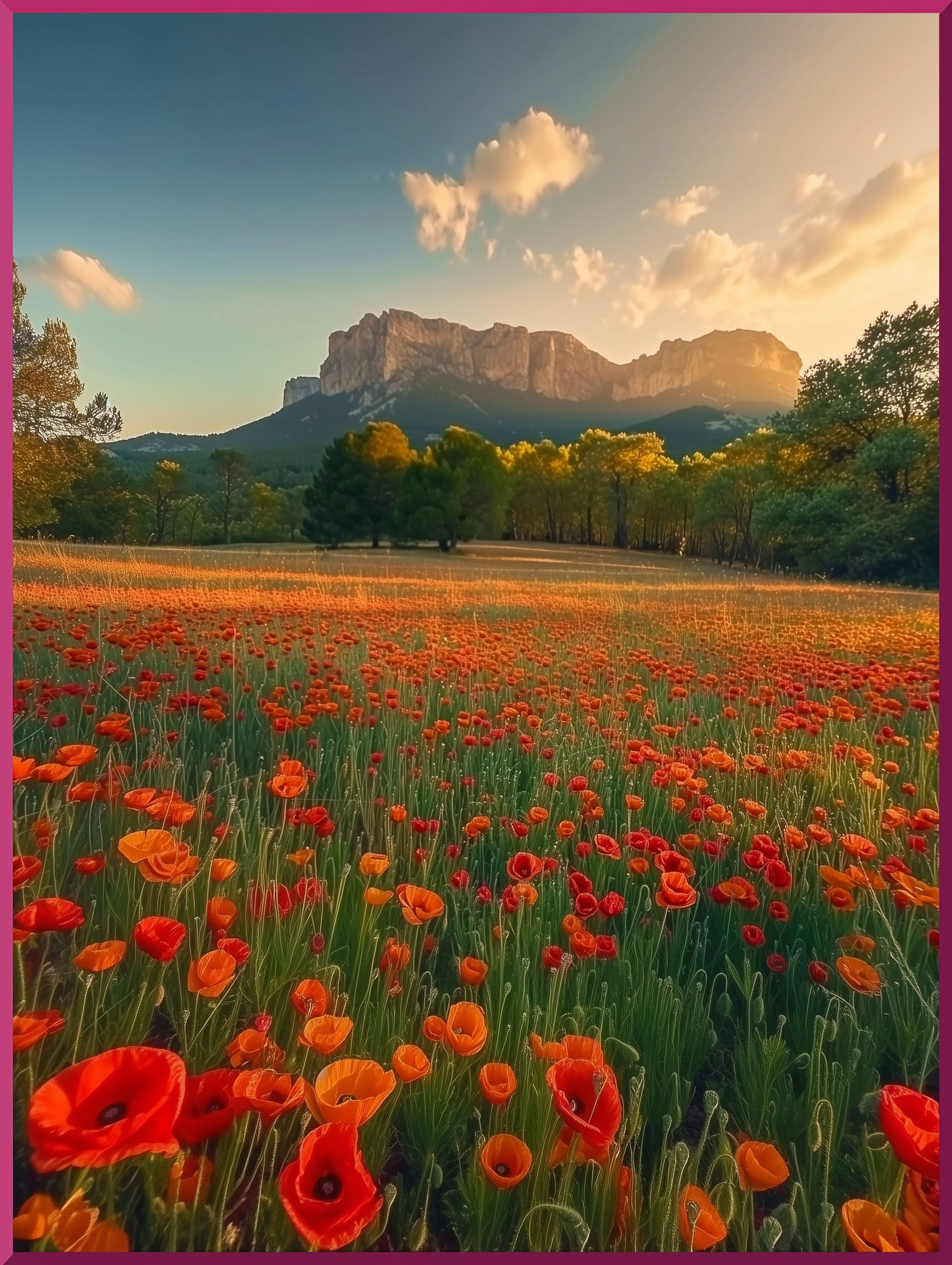 Paysage provençal avec un champs de coquelicot